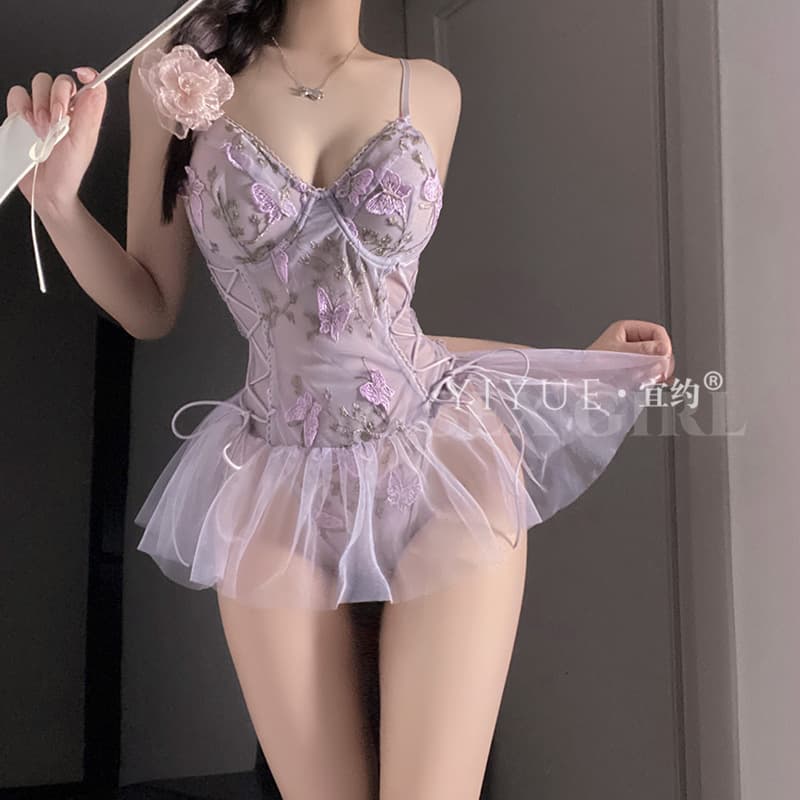 Yiyue Sexy Lace Bodysuit Lingerie with Embroidery, Tie-Waist, Push-Up Underwire, Easy-Open Sleepwear 1306
