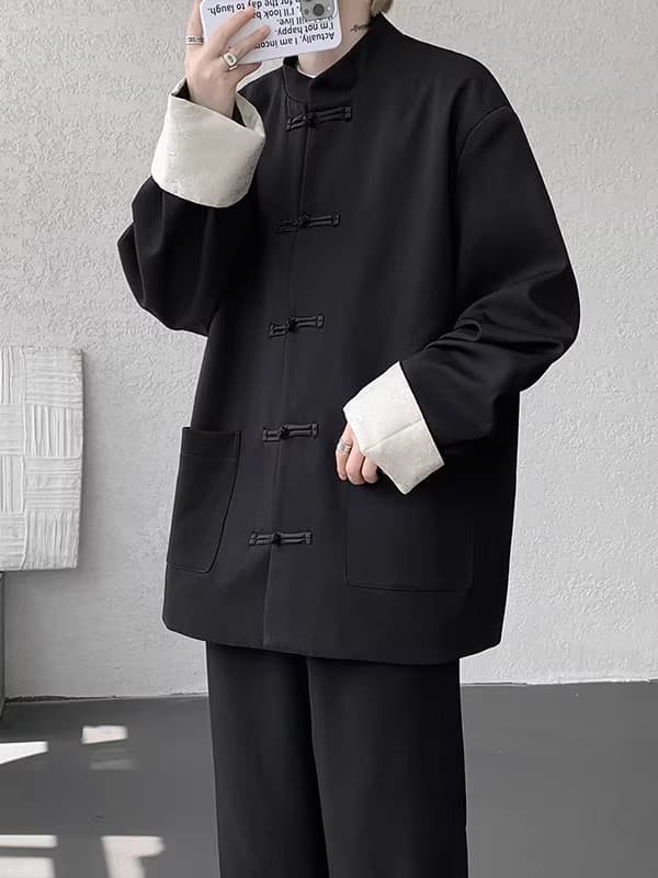 Chinese Style Men's Large Size Stand Collar Long Sleeve Jacket Linen Retro Chinese Style Buttoned Tang Suit Top Loose and Casual