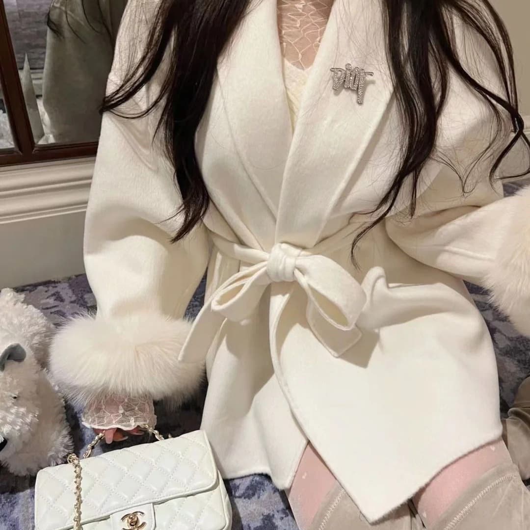 Removable Faux Fox Fur Belt Double-Sided Wool Coat Women 2025 Winter New Petite Wool Outerwear