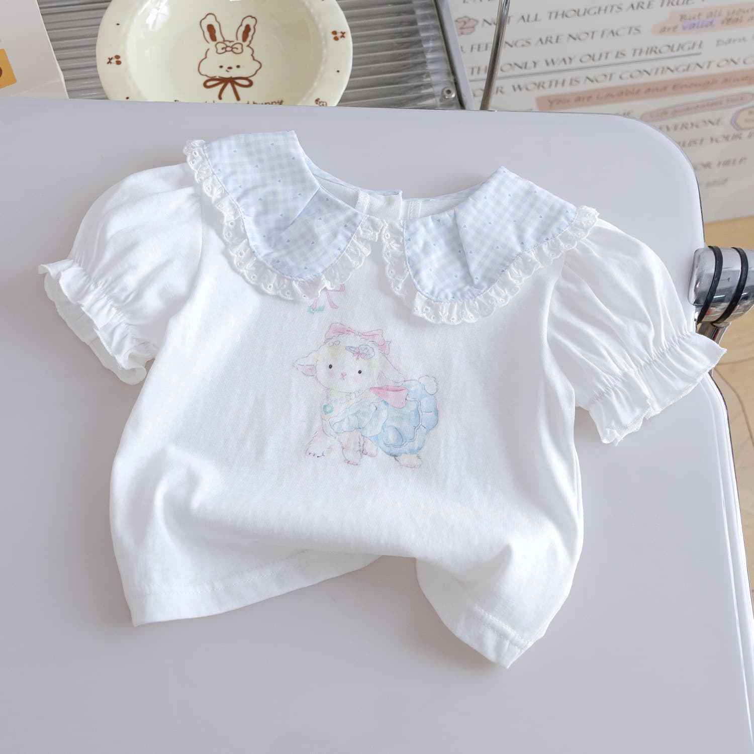 Girls Summer Peter Pan Collar Short Sleeve T-Shirt 2026 New Baby Cute Lamb Print Bubble Sleeve Top Trendy 3