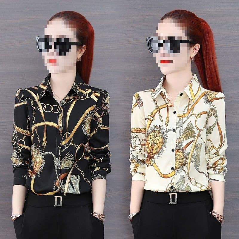 Retro Print Women's Long Sleeve Shirt, New Autumn and Spring Style, Korean Chiffon Shirt, Stylish and Versatile Base Layer Top