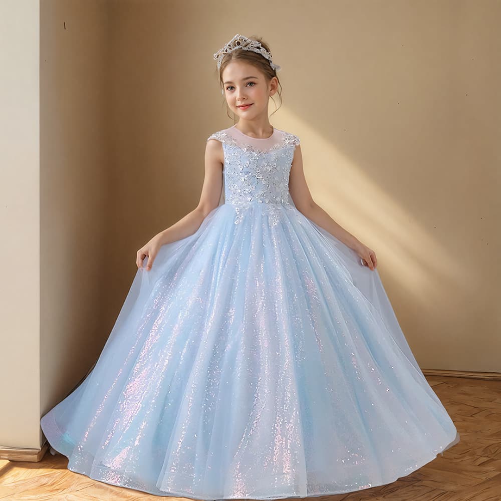 Girls catwalk dress 2026 new blue light luxury birthday style princess dress children's piano performance clothing