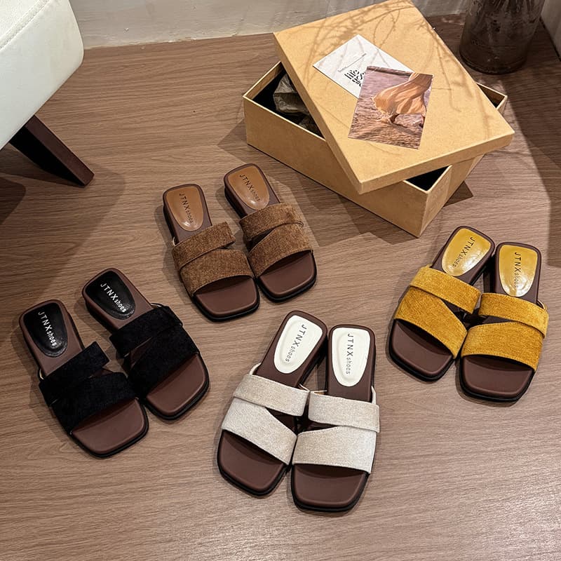 Niche Design Linen Square Toe Open Toe Flat Sandals for Women Summer Outdoor Fairy Style Beach Vacation Slippers