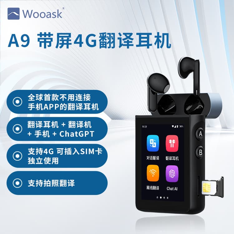 WOOASKA9 Black AI Translation Earphones with Independent 4G SIM Card Slot, Simultaneous Interpretation, Translation ChatGPT