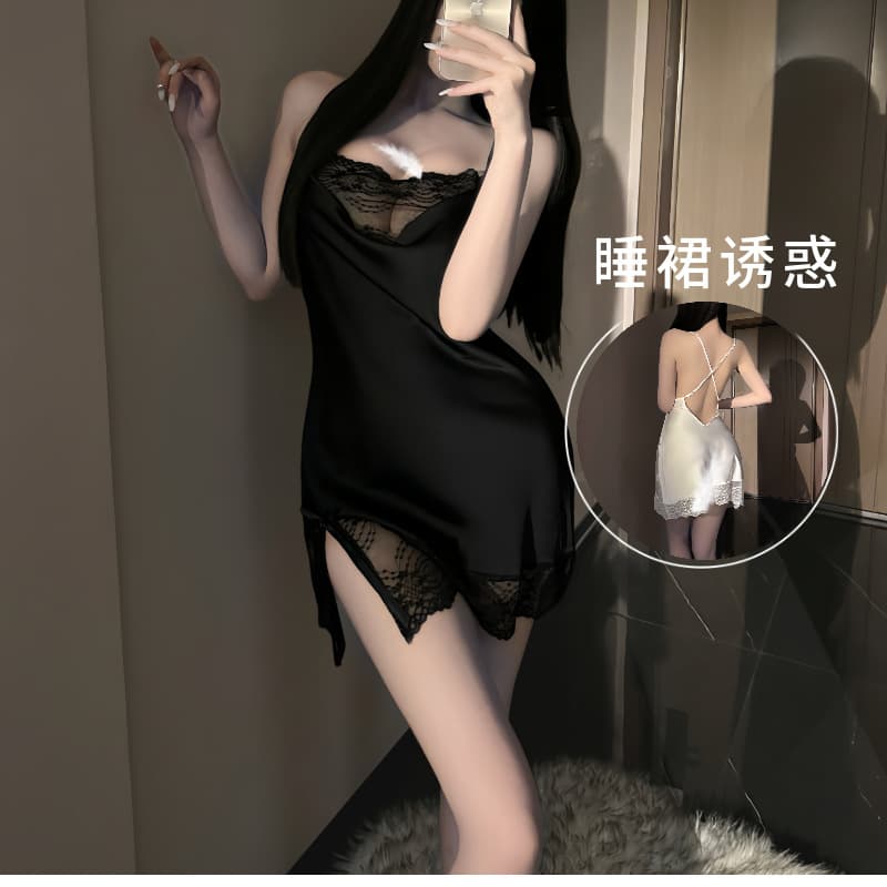 Sexy Slit Temptation Lace Splicing Ice Silk Plus Size Suspender Nightgown Outer Robe Women's Home Wear Suit Dropshipping