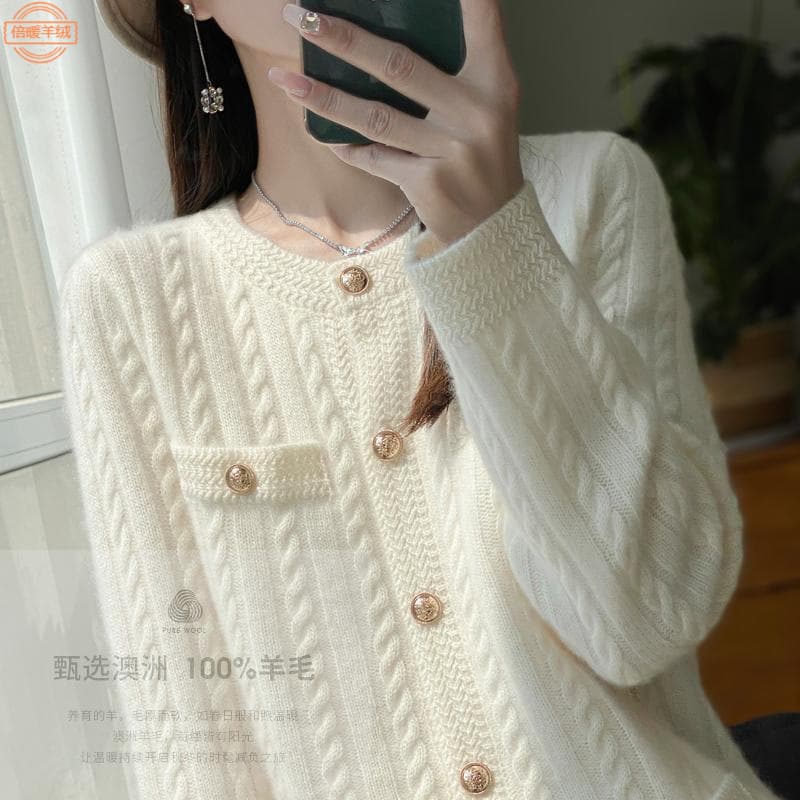 Women's Chanel-Style Pure Wool Cardigan, New Autumn/Winter Round Neck Cable Knit Base Layer Cashmere Sweater Coat