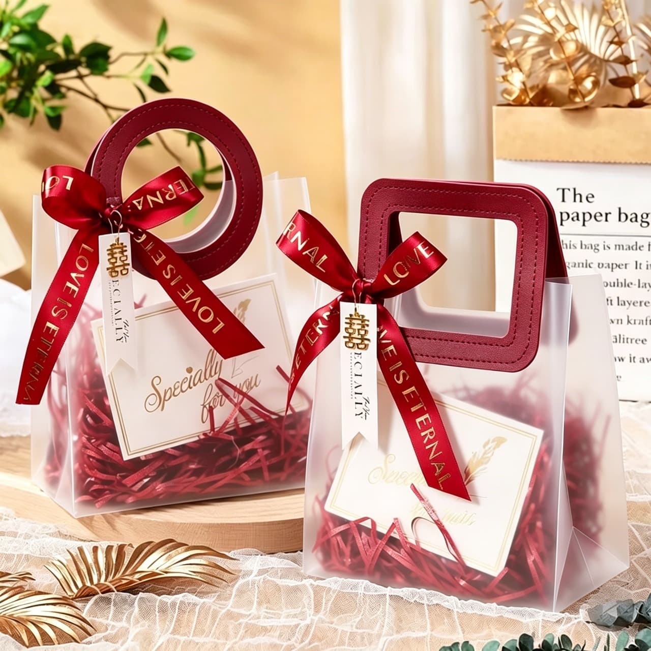In Stock PP Transparent Gift Bag Handle Bag Transparent PVC Tote Bag Custom Holiday Candy Bag Graduation Season