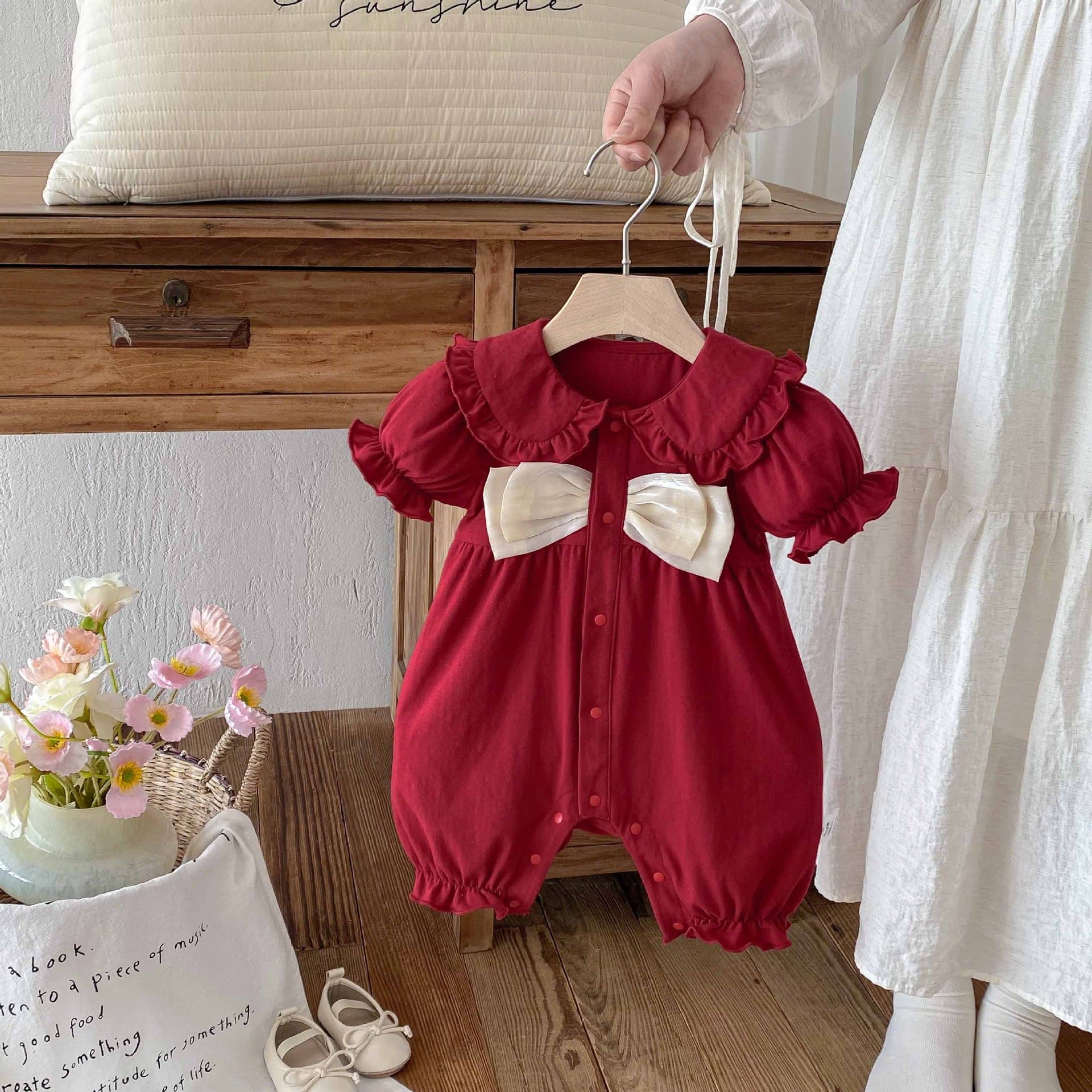 INS Baby Clothes Summer Full Moon 100 Days Baby Romper Red Festive Bodysuit Crawling Suit 1-Year-Old Harem Suit