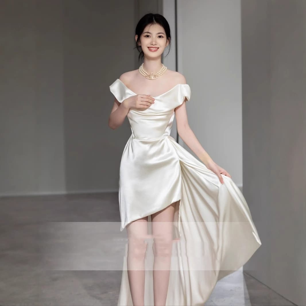French Satin Light Wedding Dress White Elegant Bride Wedding Engagement Certificate Registration Travel Photography Outfit