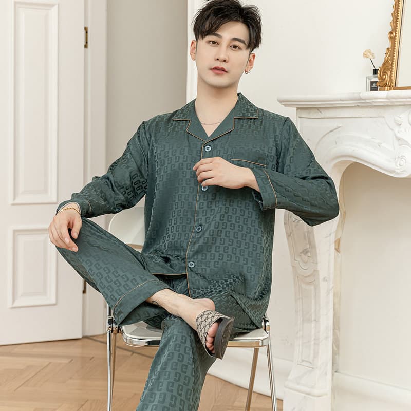 Men's Spring/Autumn Long-Sleeve Silk-Like Ice Silk Pajama Set, Summer Style, Imitation Silk Fabric