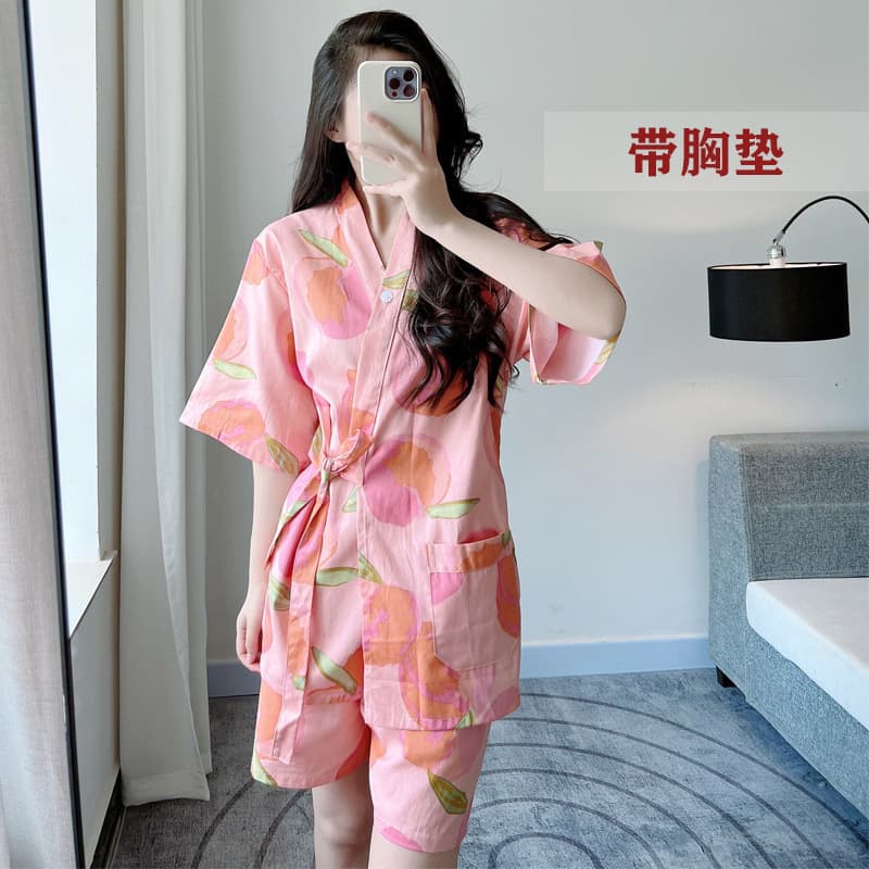 Japanese-style sauna suit for women with bra pads, pure cotton, stylish and high-end sauna wear, all-cotton kimono cardigan, bath center SPA.