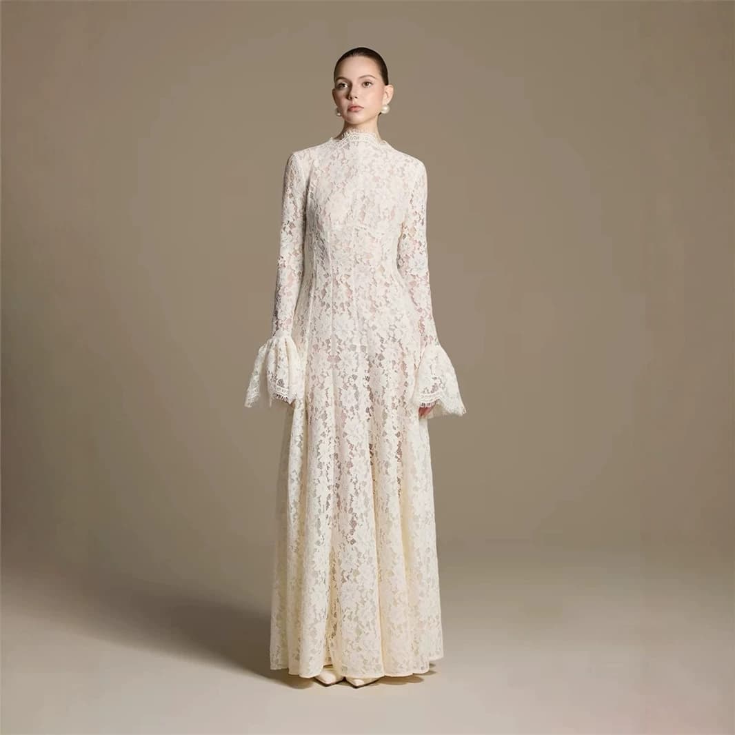 2026 Early Autumn New Vietnamese Chic Goddess Elegant Floral Lace Flared Sleeve Long Dress Gown