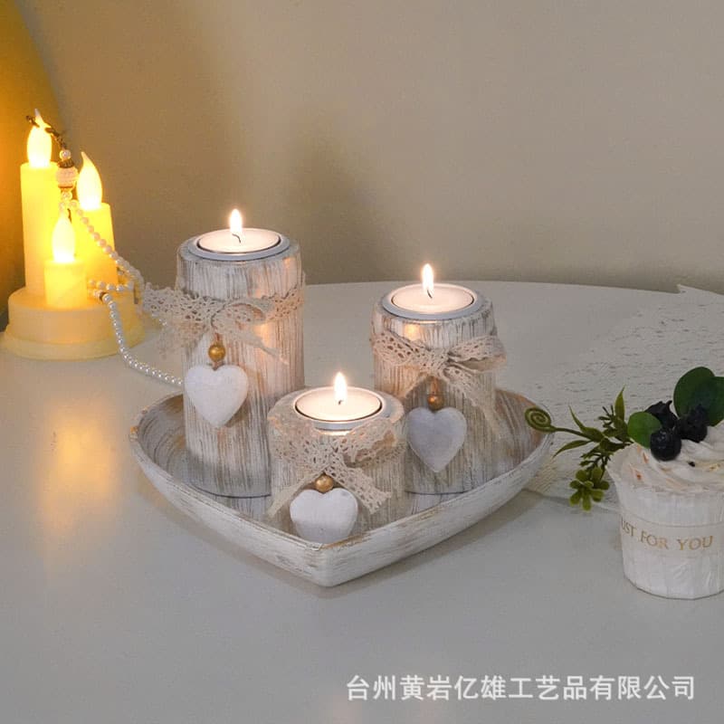 Nordic Style Vintage Wooden Heart Candle Holder Set Tea Light Candle Tray Indoor Home Craft Aromatherapy Decoration