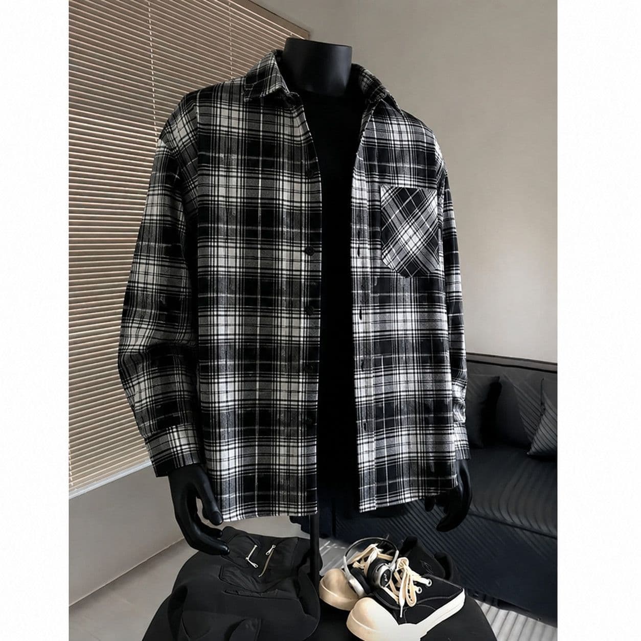 Cross-border vintage black plaid shirt for men, spring/fall high-street layering long-sleeve cleanfit jacket