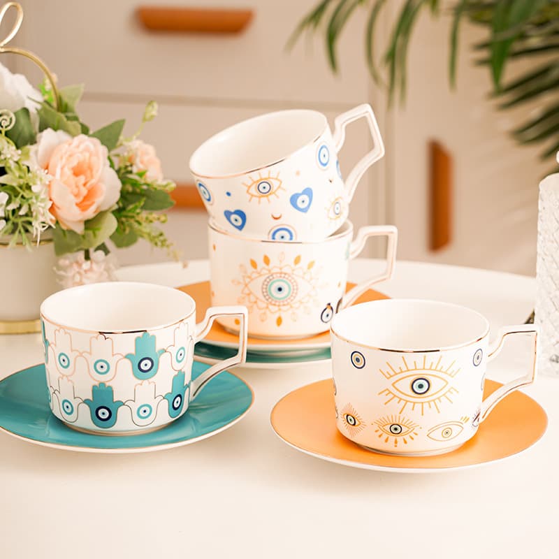 Turkish Eye Style Coffee Cup and Saucer Set, Afternoon Tea English Style Light and Fresh Home Use Floral Tea Ceramic Cup Wholesale