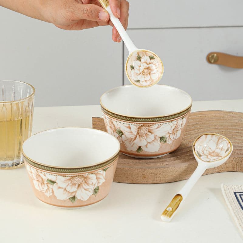 Light Luxury Camellia Rice Bowl 4.5 Inch Home Ceramic Bowl Underglaze Color Anti-scald Anti-slip Dinnerware