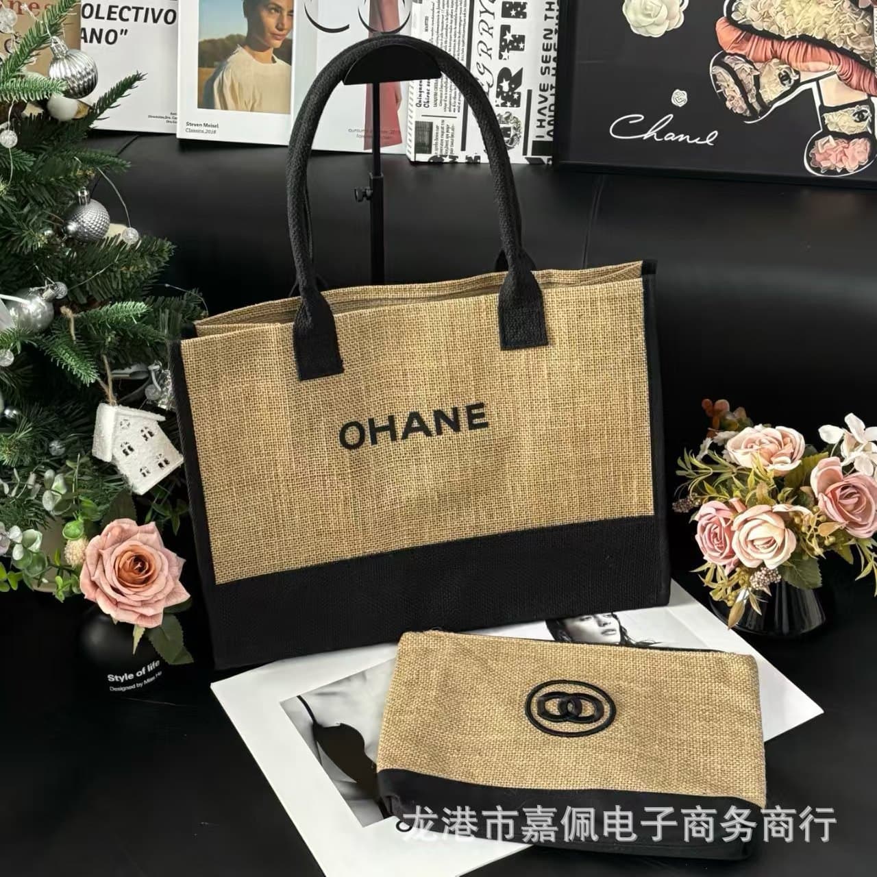 VIP Peripheral C-Exclusive Direct Supply Hot-Selling Letter Linen Tote Bag with Inner Pouch Classic Black with Beige Linen Material Women