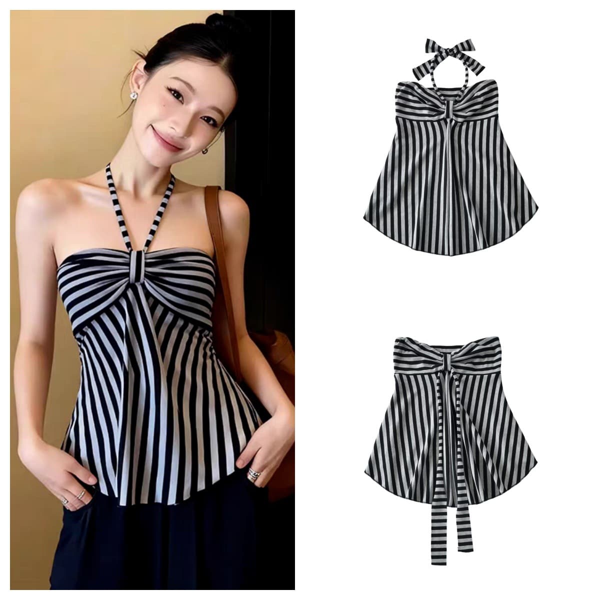 American Style Hot Girl Striped Sleeveless Halter Tube Top for Women New Trendy Pleated Backless Sleeveless Top