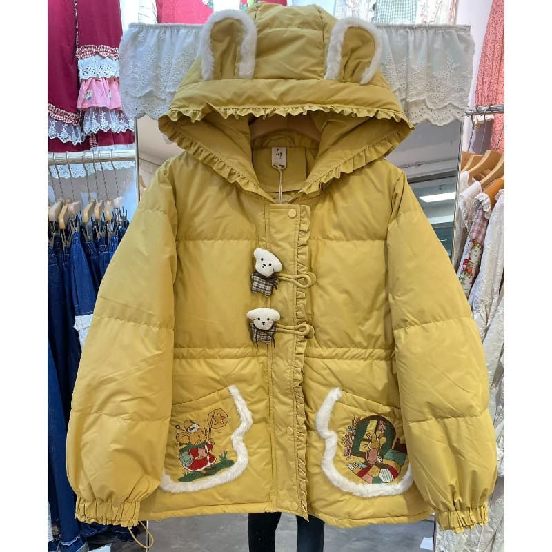 2025 Winter New 3D Ears Hooded Patch Embroidery Warm Thickened White Duck Down Jacket Coat Mori Girl