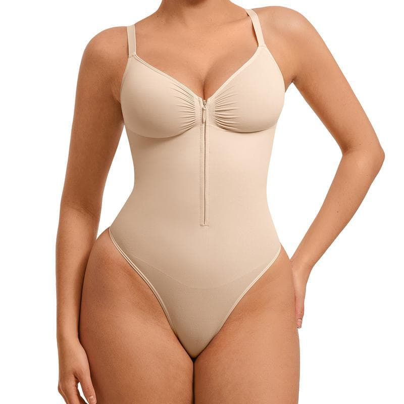 Cross-Border Export Best Seller European and American Sexy High-Stretch Zip-Up Tight-Fitting V-Neck Strappy Waist-Hugging Slimming Bodysuit Women