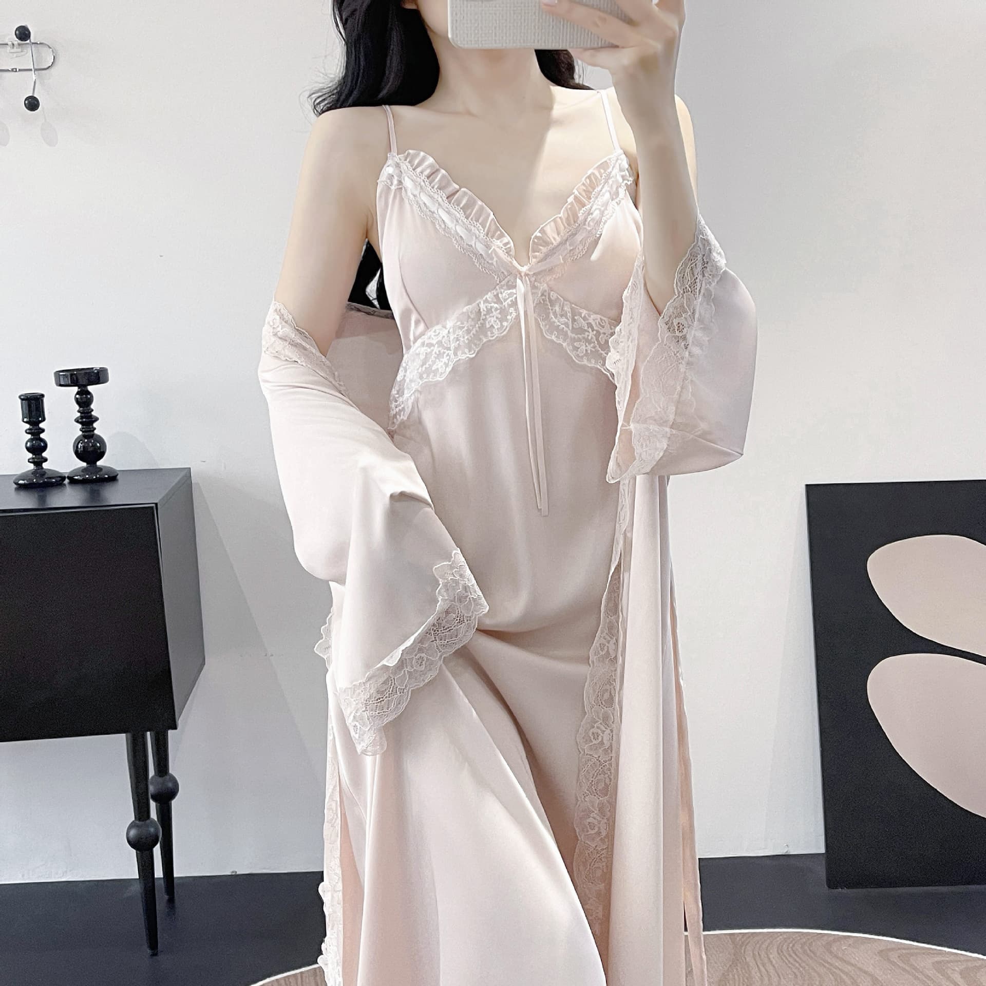 Women's Summer Thin Ice Silk Long Nightgown Sexy Lace Camisole Silk Sleepwear Two-Piece Set