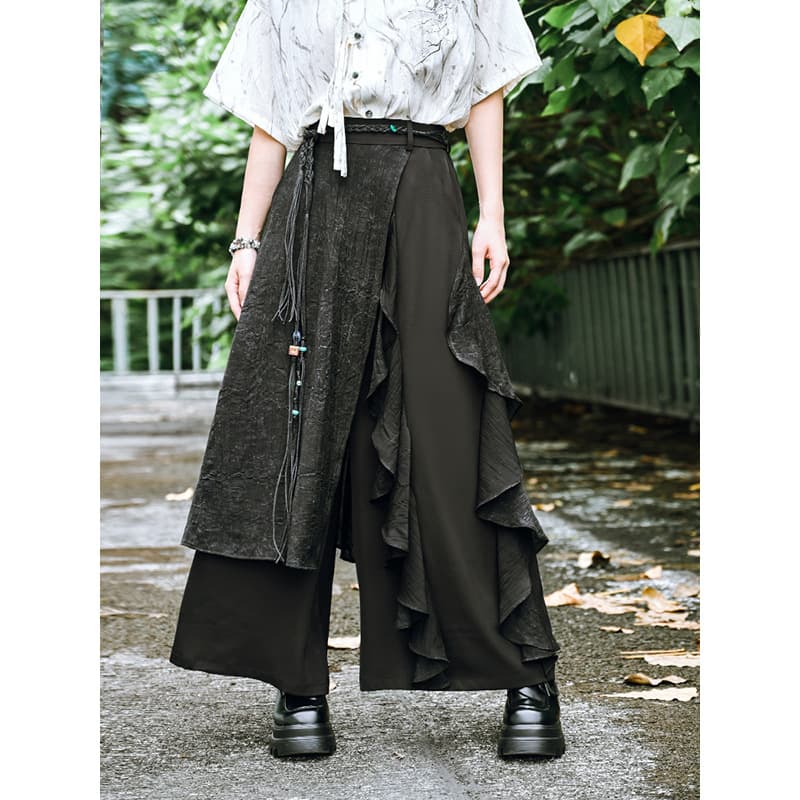 New Chinese style culottes design Chinese style black slimming stitching double layer wide leg suit skirt for women