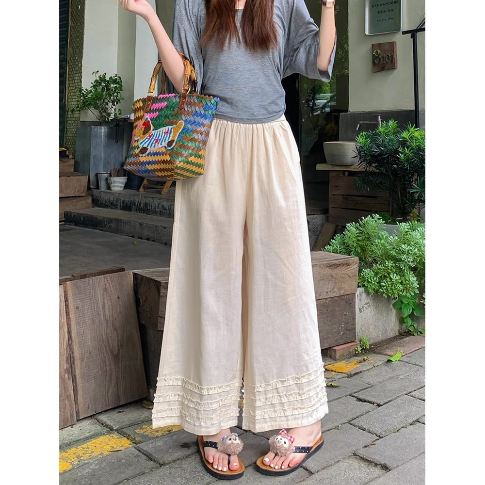 Runsiwei Summer New Release Wood Ear Lace Trim Straight Leg Casual ?? Pants for Women, Pear-shaped Body, Versatile High-Waist Wide-Leg Nine