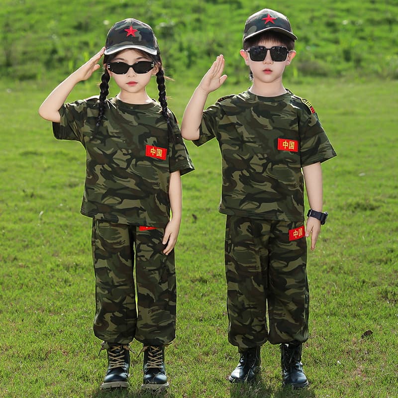 Boys' and girls' pure cotton camouflage summer camp suits, student and children's military training uniforms, outdoor adventure sports sweat-wicking and breathable
