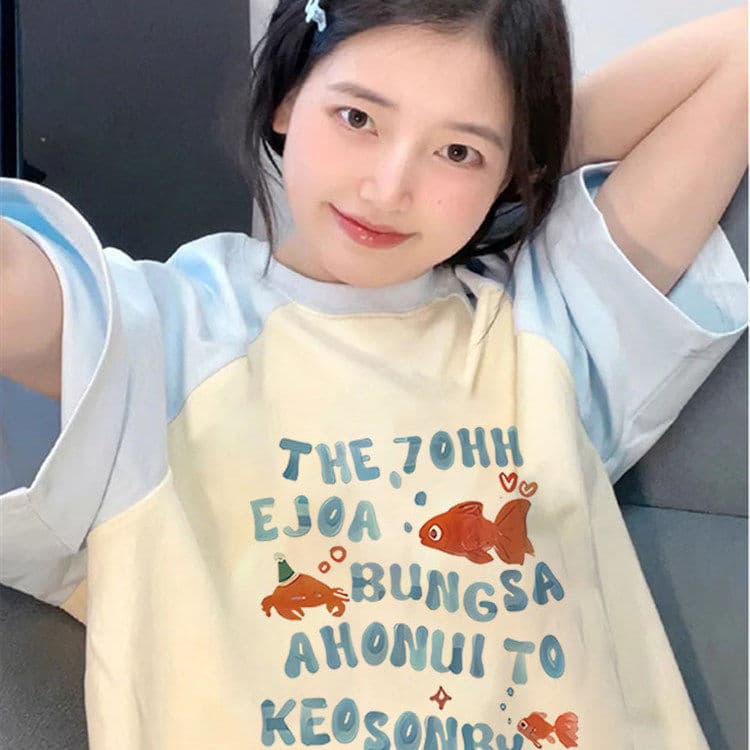 Summer Retro Goldfish Blue Color-Block Raglan T-Shirt for Women, Loose Fit Plus Size, Pure Cotton Oversized College Style Ins Top