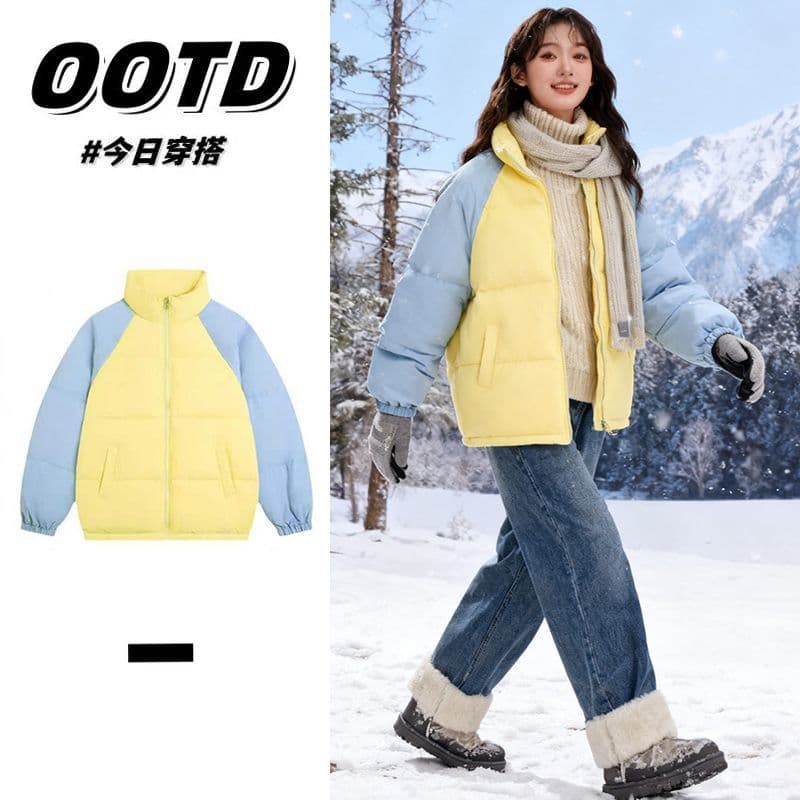 2025 New Women's Cotton Coat Fashionable Versatile Contrast Color Stitching Warm Cotton Puffer Jacket Korean Sweet Winter Puffer Coat