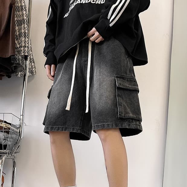 Summer retro trendy denim shorts, unisex American workwear casual mid-length pants, loose fit, plus size.