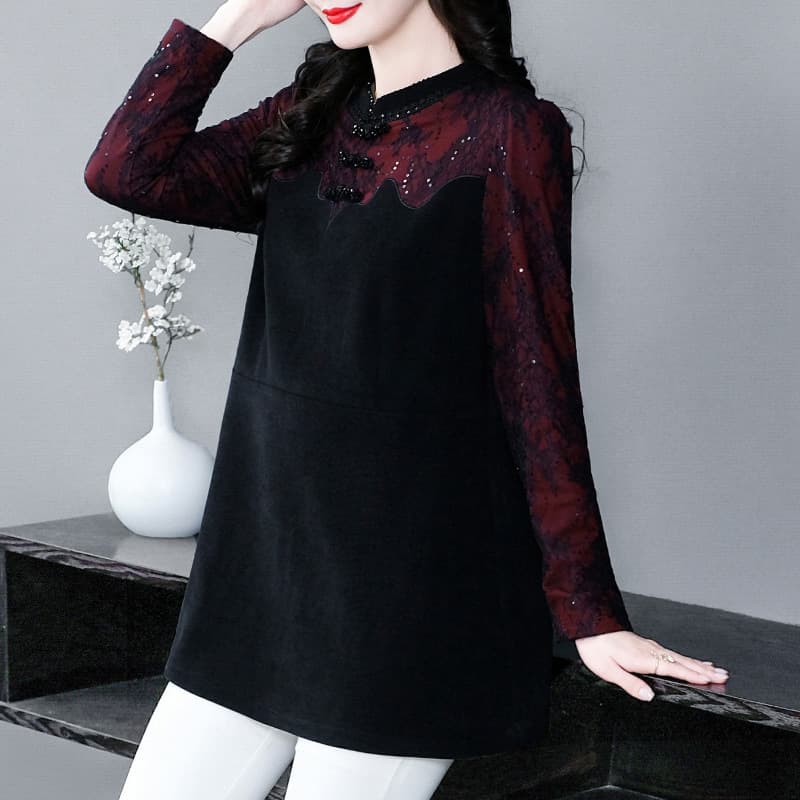 Autumn and Winter Elegant Fashion New Chinese Style National Style Lace Buckle Handmade Embroidery Light Luxury Bottoming T-shirt Shirt Plus Size Women