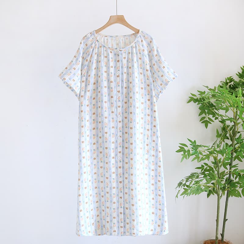 Summer Pajamas Cotton Double-layer Crepe Simple Cartoon Bear Nightgown Women's Round Neck Short-sleeved Cardigan Home Clothes