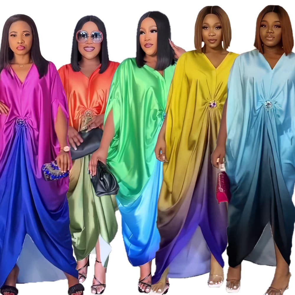 BUBU Amazon Plus Size Women's Rayon Batwing Sleeve V-Neck Circle Rhinestone Belt Dress (Cross-border Africa)