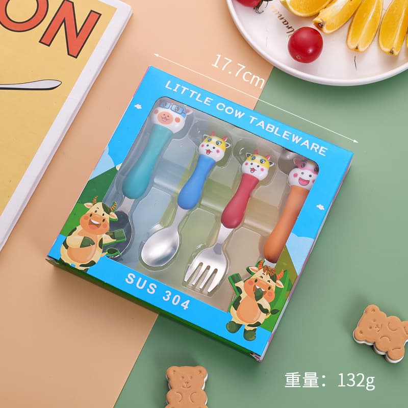 304 Stainless Steel Children's Tableware Cute Pig Creative Cartoon Heat-Resistant Spoon, Home Use Spoon and Fork Four-Piece Set Boxed