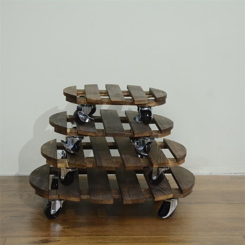 Wooden movable flower pot storage tray, solid wood flower holder, universal wheel pot base, round green plant