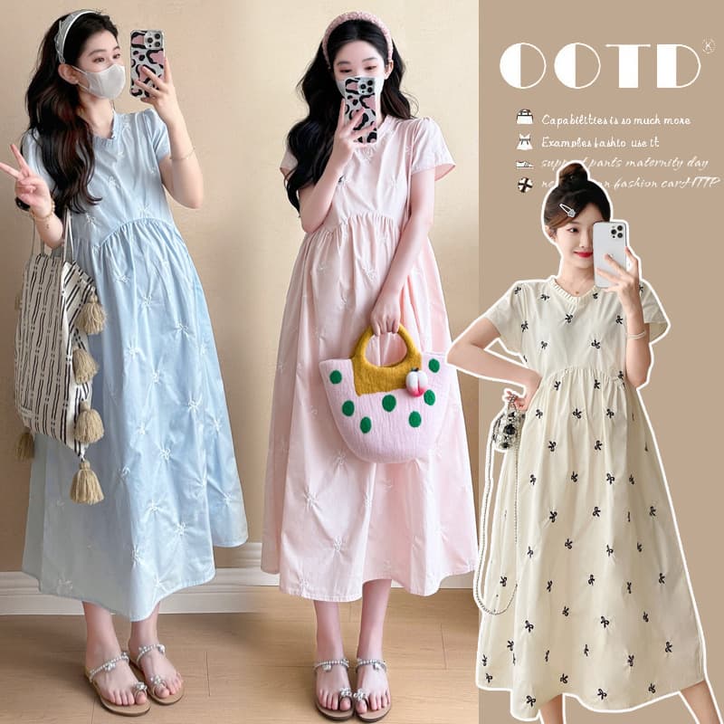 Real Shot of Stylish 2026 Summer Maternity Wear, Comfortable for Commuting, Korean Style Sweet Bowknot Embroidered Dress