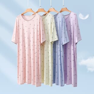 New Summer Sweet Printed Short Sleeve Pajama Dress for Women, Mid-Length Round Neck, Loose Plus Size, Lace Trim Nightgown