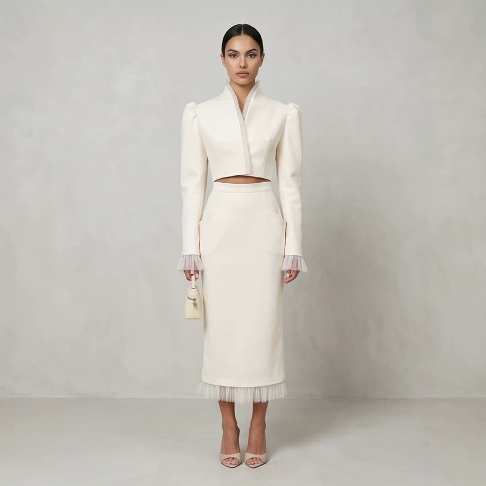 Korean Minimalist Mesh Panel Stand Collar Crop Top and Skirt Set 2026 Autumn New Women's Clothing Wholesale for Europe and America