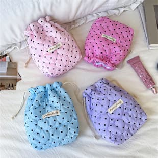 Vintage Polka Dot Heart Quilted Drawstring Bag Ins Makeup Pouch Portable Skincare Storage Bag