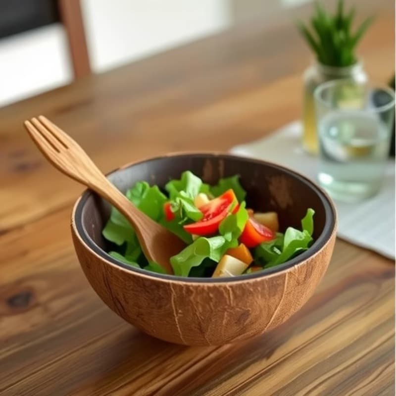 Eco-friendly tableware: wooden natural coconut shell bowl, Southeast Asian coconut shell bowl, wooden spoon, Hainan old coconut shell fruit salad.