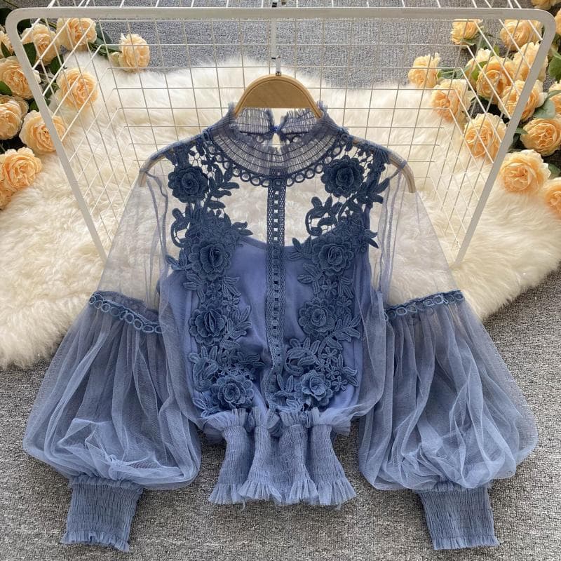 Designer Niche 3D Floral Patchwork Sheer Mesh Lantern Sleeve Fitted Short Top for Women Lace Camisole Base Layer