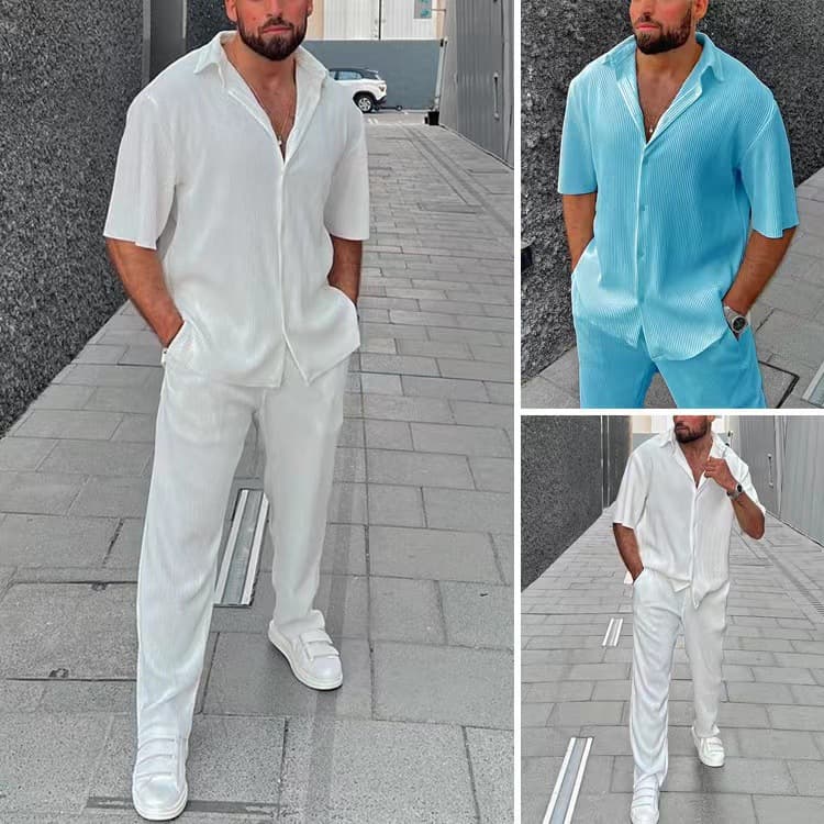 2024 European and American cross-border men's casual loose beach wear solid color short-sleeved suit Southeast Asian men's shirt two-piece set
