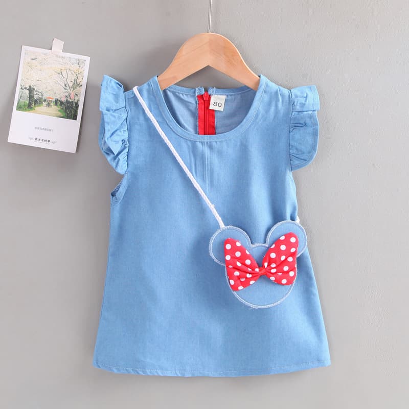 Summer Dress for 1-4 Year Old Girls, Children's Denim Waist Bag Dress, Short Sleeve Princess Style
