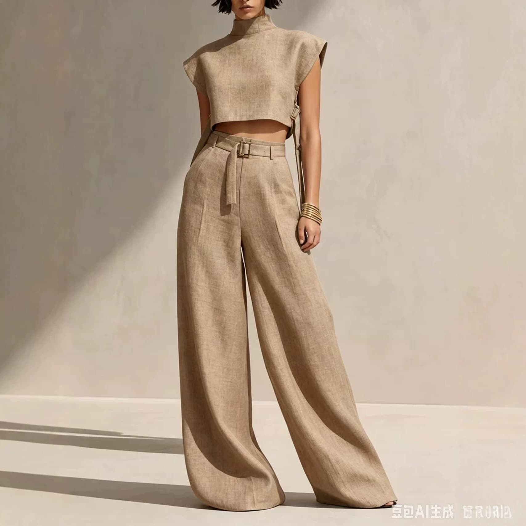 2026 Cross-Border European-American Linen Blend High Neck Sleeveless Crop Top and High-Waist Cinched Wide-Leg Pants Two-Piece Set