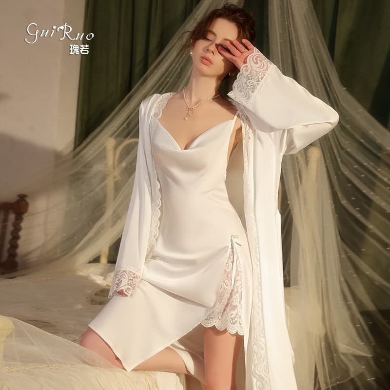 Guiruo Deep V Hot Swing Collar Sexy Lace Slit Skirt Smooth Satin Nightgown Outer Robe Set 5511