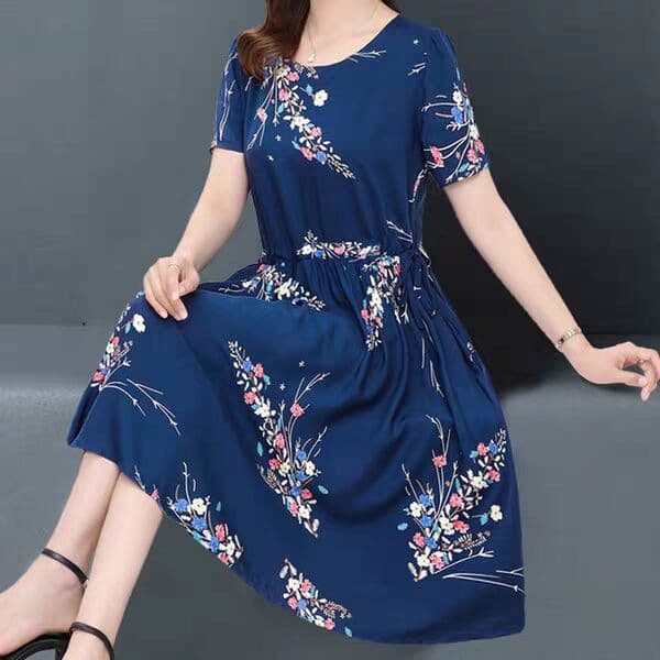 Summer Midi Dress for Middle-aged and Elderly Women, Knee-length, Short Sleeve, Plus Size, Slimming Dress for Moms