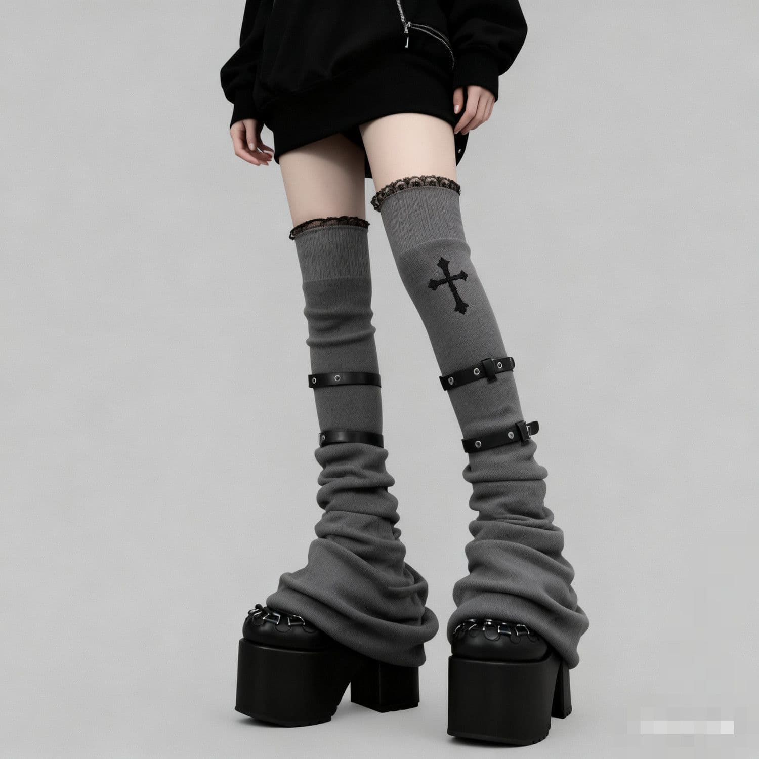 Millennium Japanese Gyaru Dark Cross Lace Over-the-Knee Leg Warmers Y2K Japanese Subculture Stacked Slimming Sock Covers