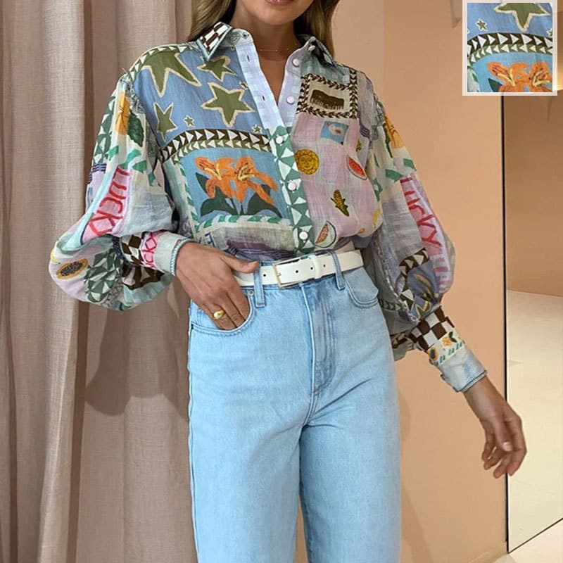 2026 Cross-border European and American Women's Fashion New Summer Style Elegant Printed Colorful Loose Shirt with Lapel Collar 661