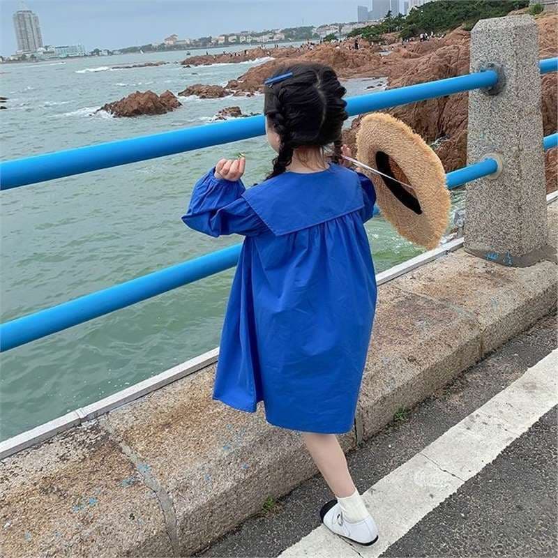 Girls' skirt Klein blue navy collar long-sleeved Korean style preppy dress foreign style princess dress spring new style